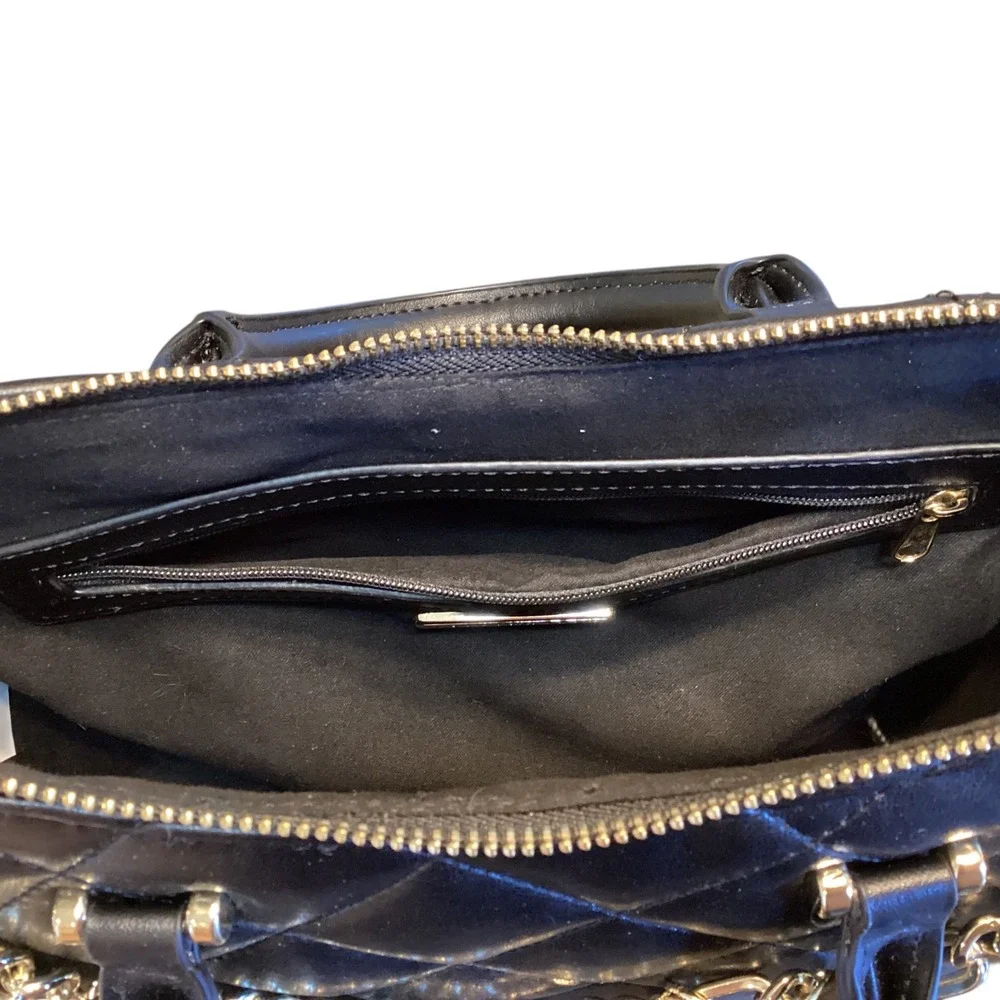 Steve Madden Sparrow Black Quilted Satchel Crossbody‎ Bag Gold Charm Chain New